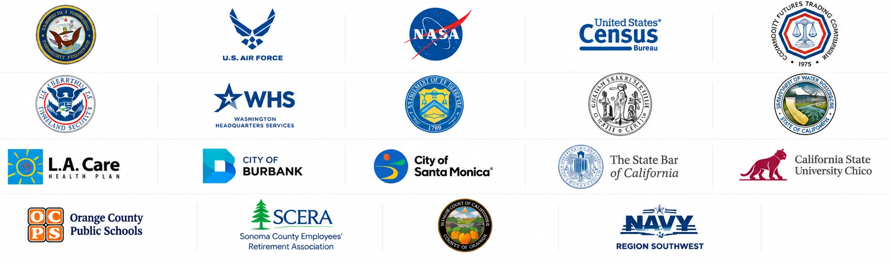 Logos of selected public-sector clients, including U.S. Air Force, NASA, U.S. Census Bureau, Commodity Futures Trading Commission, Department of Homeland Security, Washington Headquarters Services, L.A. Care Health Plan, City of Burbank, City of Santa Monica, The State Bar of California, California State University Chico, Orange County Public Schools, SCERA and Navy Region Southwest