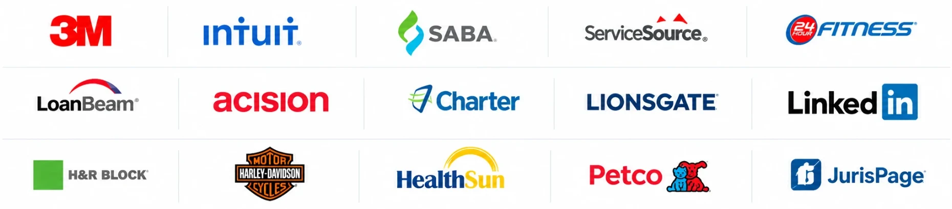 Private-sector clients: 3M, Intuit, Saba, ServiceSource, 24 Hour Fitness, LoanBeam, Acision, Charter, Lionsgate, LinkedIn, H&R Block, Harley-Davidson, HealthSun, Petco, JurisPage